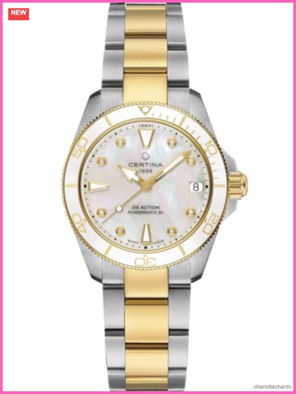 Swiss Automatic Watch Mother of Pearl Dial Stainless Steel Gold PVD